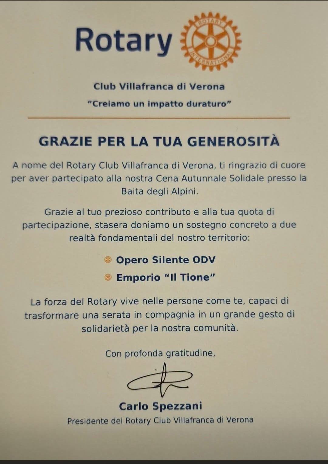 Messaggio di ringraziamento del Rotary Club Villafranca di Verona per la cena solidale