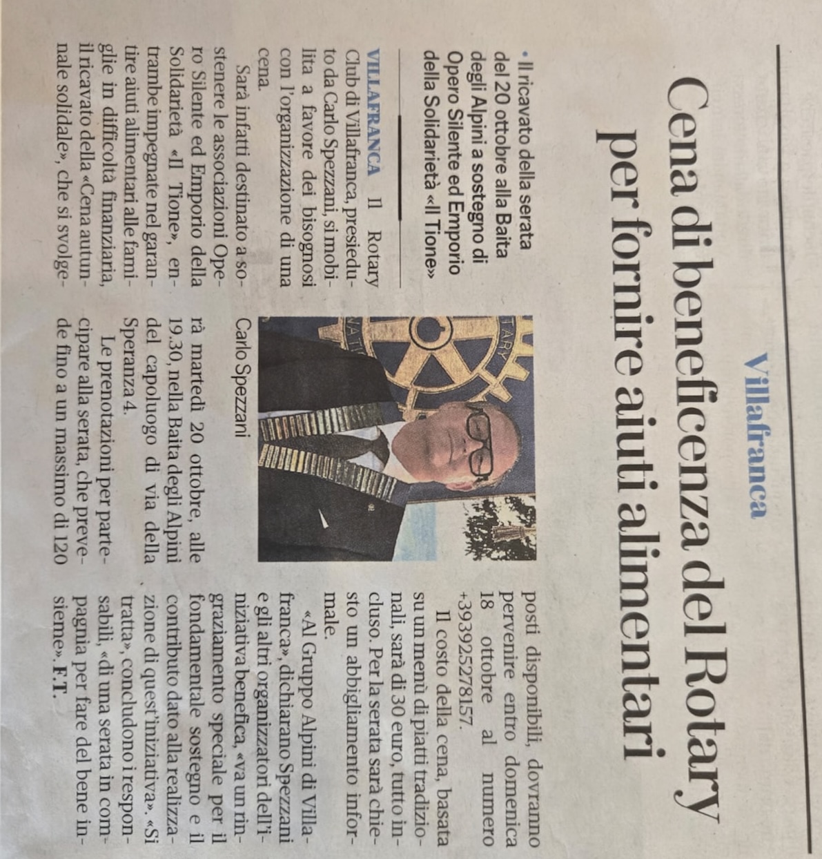 Ritaglio dell'articolo de L'Arena che annuncia la cena solidale
