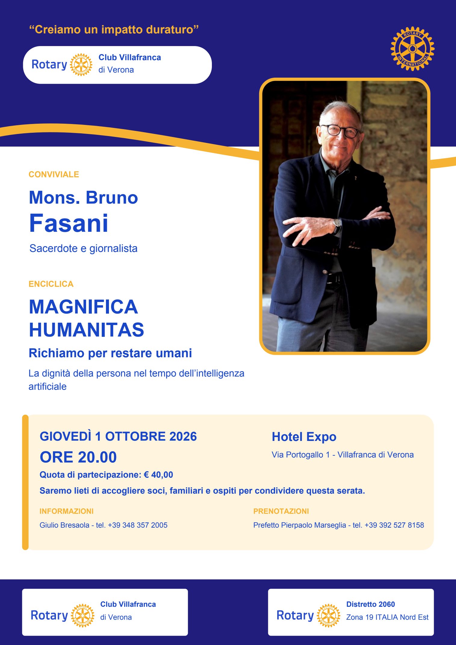 Locandina della conviviale con Monsignor Bruno Fasani del 1 ottobre 2026