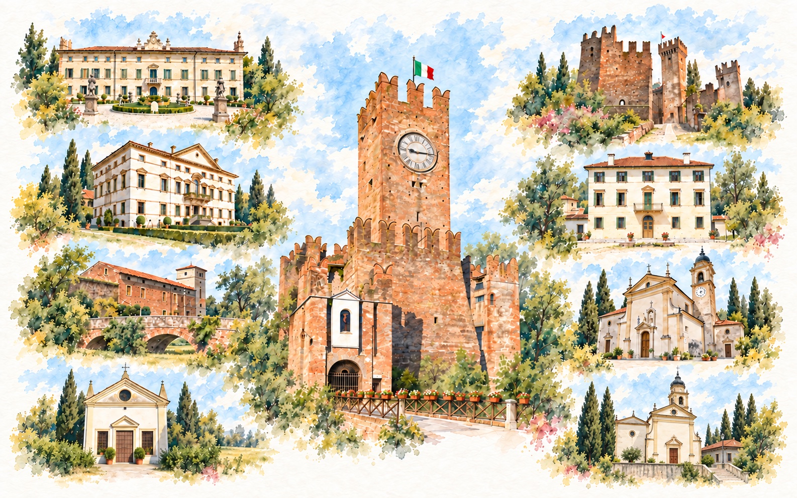 Acquerello dei nove comuni del Rotary Club Villafranca di Verona